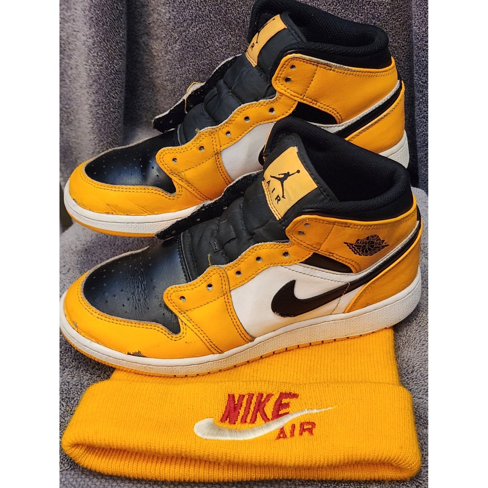 Jordan 1 Mid Sneakers & Nike Beanie Kids 6Y Yellow Black Taxi Style Good Bundle